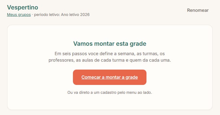 Tela inicial de um grupo de geração no Horix, convidando a montar a grade em seis passos: a semana, as turmas, os professores, as aulas de cada turma e quem dá cada uma.