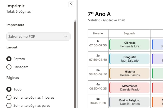 Exportação em PDF: janela de impressão com 6 páginas, uma por turma, começando pela grade do 7º Ano A.