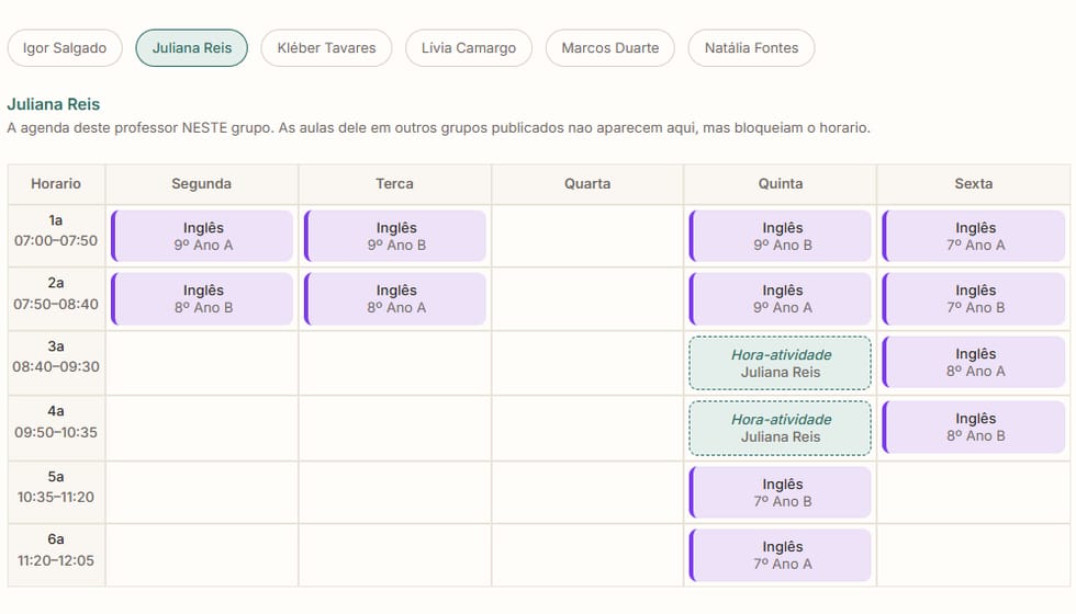 Grade gerada na visão por professor: a agenda semanal de uma professora, com a turma de cada aula e os horários de hora-atividade.